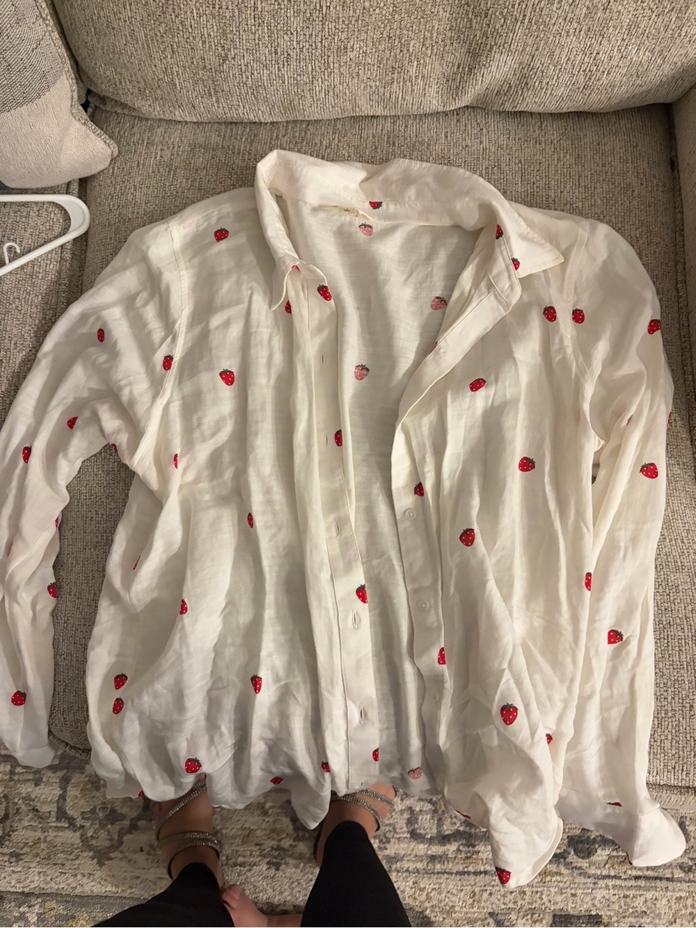 Lucky Brand White Button-Down Shirt with Red Strawberry Embroidery
